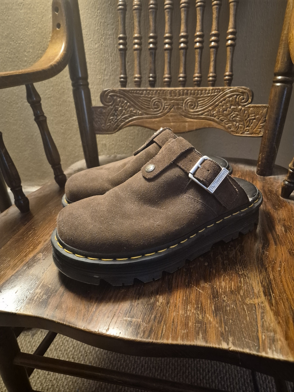 Dr. Martens Brown Suede Buckle Clog, Slip Ons, Slides.